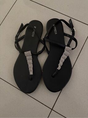 Express Black Rhinestone T-Strap Sandals